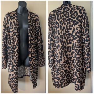 Leopard Print Acrylic Sweater Long Open Cardigan Size M